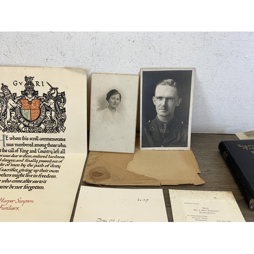 2446 - A collection of WWI ephemera related to Lieut. James Harper Simpson of the 8/Lancashire Fusiliers to... 