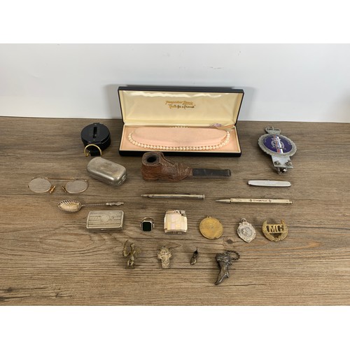 2390 - A collection of items to include silver plated snuff box, Engineer Lensatic compass, carved wooden n... 