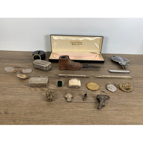 2390 - A collection of items to include silver plated snuff box, Engineer Lensatic compass, carved wooden n... 