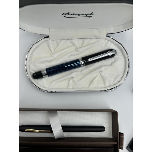 2457 - Nine writing instruments to include boxed Waterman fountain pen and ballpoint pen set, boxed Cross C... 