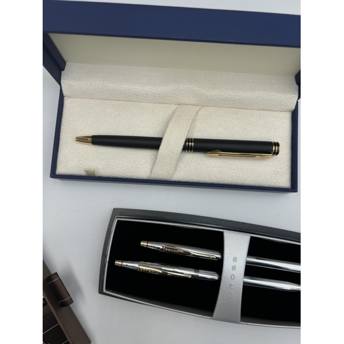 2457 - Nine writing instruments to include boxed Waterman fountain pen and ballpoint pen set, boxed Cross C... 