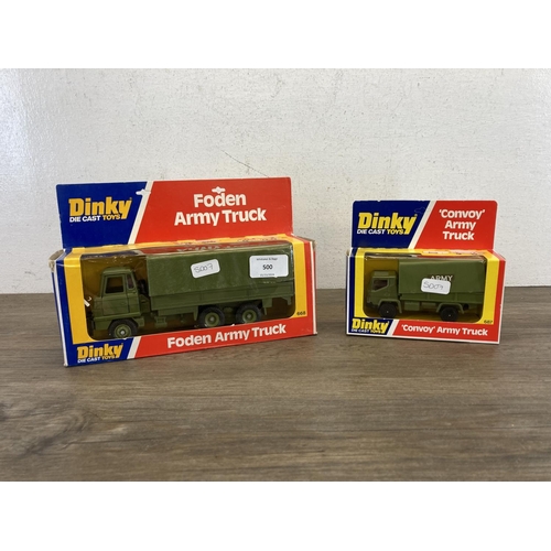 500 - Two boxed Dinky diecast model vehicles, one Foden Army Truck - no.668 and one 'Convoy' Army Truck - ... 