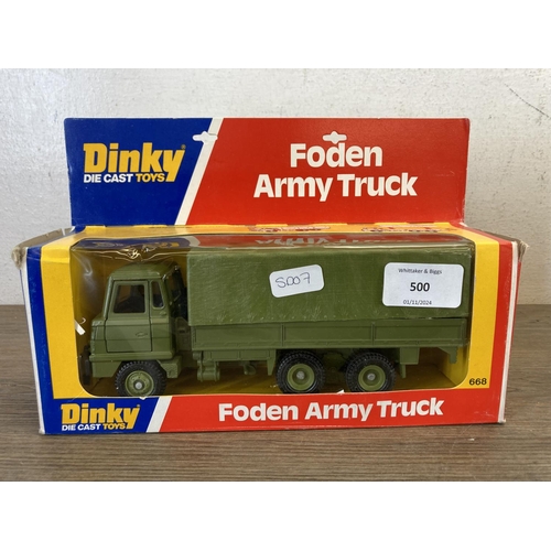 500 - Two boxed Dinky diecast model vehicles, one Foden Army Truck - no.668 and one 'Convoy' Army Truck - ... 