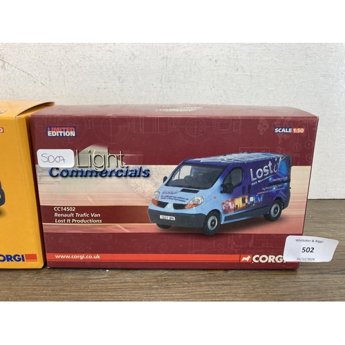 502 - Three boxed Corgi limited edition diecast model vehicles, one Renault Traffic Van Lost It Production... 