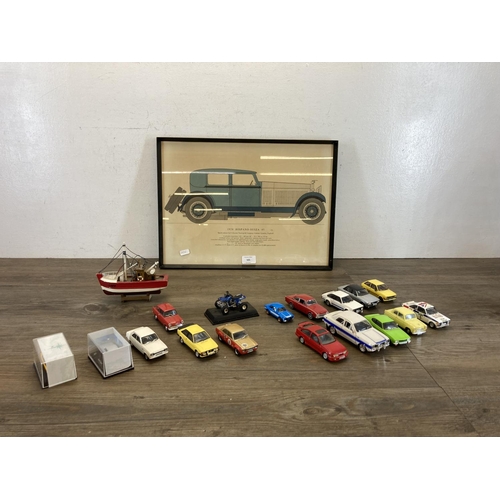 505 - A collection of diecast model vehicles together with a framed 1928 Hispano-Suiza Sports Saloon car p... 