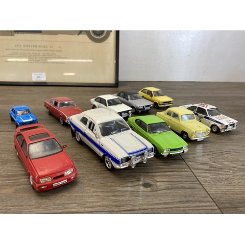 505 - A collection of diecast model vehicles together with a framed 1928 Hispano-Suiza Sports Saloon car p... 