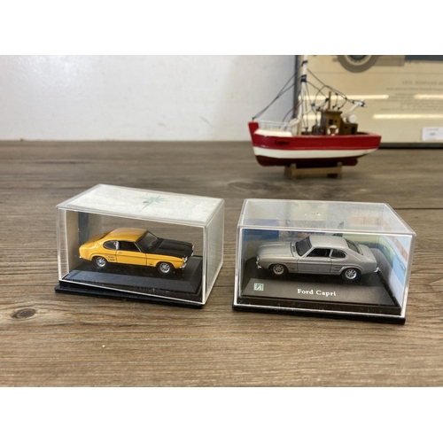 505 - A collection of diecast model vehicles together with a framed 1928 Hispano-Suiza Sports Saloon car p... 