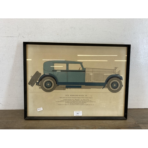 505 - A collection of diecast model vehicles together with a framed 1928 Hispano-Suiza Sports Saloon car p... 