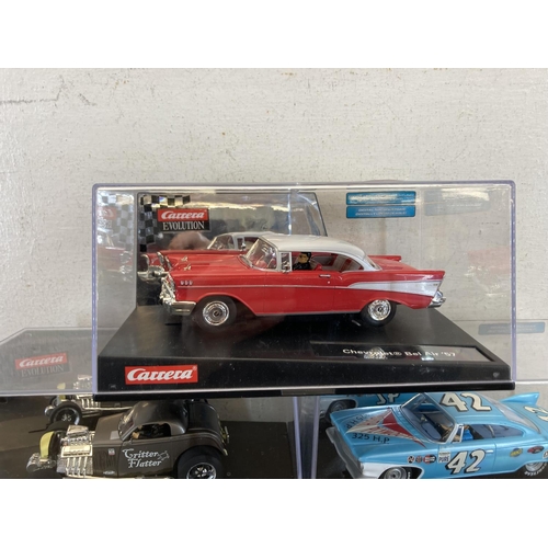 516 - Five boxed Carrera Evolution slot cars, Chevrolet Bel Air '57, '32 Ford HotRod, Plymouth Fury '60, D... 