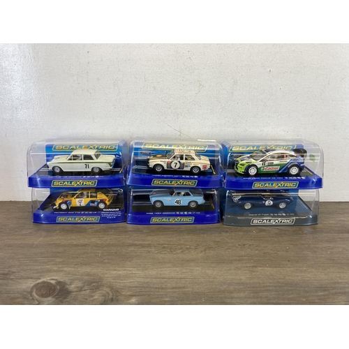 516A - Six boxed Scalextric slot cars, MGB 1964 Sebring, Jaguar D-Type, Peugeot 205 T16, Ford Lotus Cortina... 