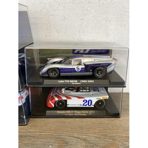 516C - Five boxed FLY slot cars, Porsche 917/10 1973, Lola T70 MK3B, Porsche 908/3 1970, Lancier 037 Rally ... 