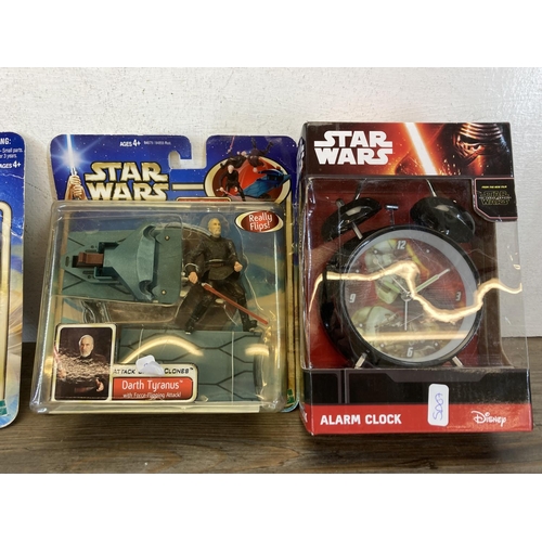 520B - Eight boxed figurines and accessories to include Hasbro Star Wars Attack of the Clones Darth Tyranus... 