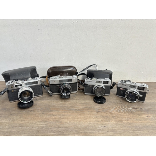 804 - Four 35mm rangefinder cameras, one Canon Canonet QL17 G-III, one cased Minolta A5, one cased Yashica... 