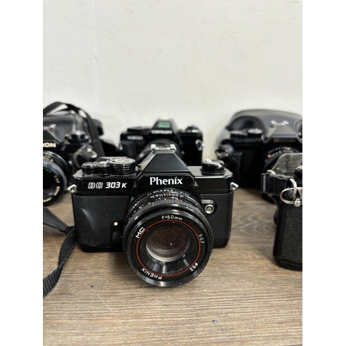 812 - Ten 35mm SLR cameras to include Ricoh KR-5, Chinon CE-5, Centon DF-300 etc.