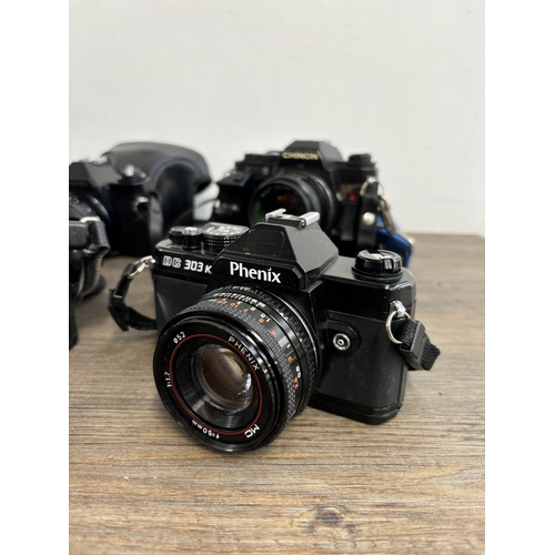 812 - Ten 35mm SLR cameras to include Ricoh KR-5, Chinon CE-5, Centon DF-300 etc.