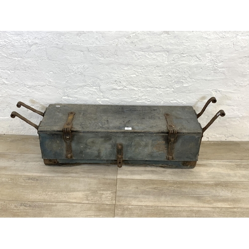 103 - A 19th century painted pine and wrought iron storage trunk - approx. 31cm high x 121cm long x 29cm w... 