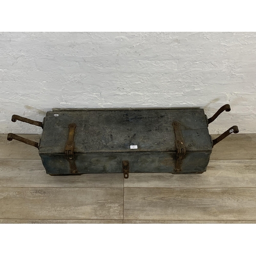 103 - A 19th century painted pine and wrought iron storage trunk - approx. 31cm high x 121cm long x 29cm w... 