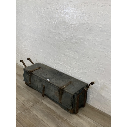 103 - A 19th century painted pine and wrought iron storage trunk - approx. 31cm high x 121cm long x 29cm w... 