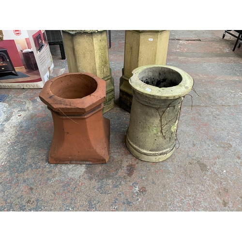 109 - Four antique chimney pots, three cast stone and one terracotta