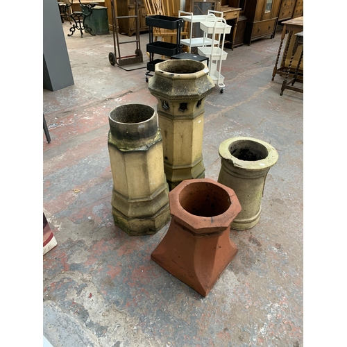 109 - Four antique chimney pots, three cast stone and one terracotta