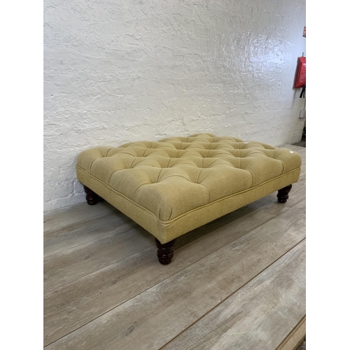 11 - A Victorian style Chesterfield yellow fabric upholstered footstool - approx. 31cm high x 99cm wide x... 