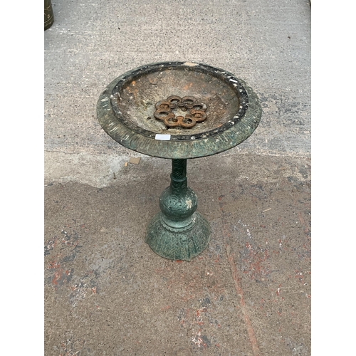 110 - A Victorian style cast iron green painted bird bath - approx. 65cm high