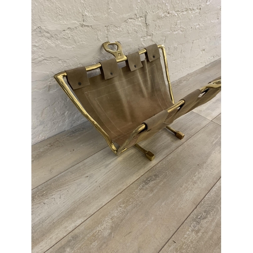 22 - A 1980s David Marshall brass and brown suede magazine rack - approx. 36cm high x 57cm long x 39cm wi... 