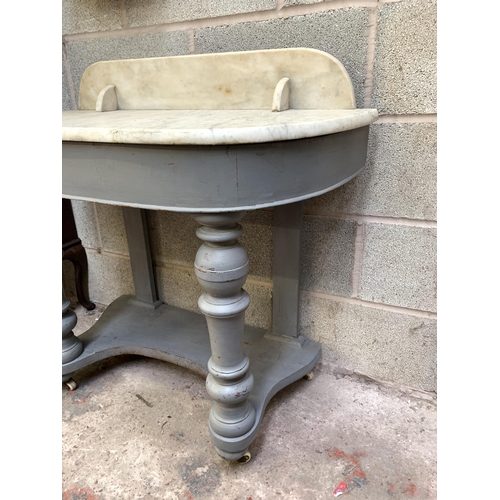 33 - A Victorian grey painted washstand with white marble top - approx. 86cm high x 90cm wide