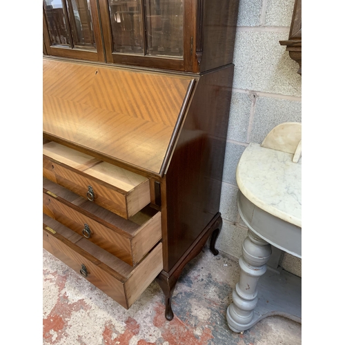 34 - An Edwardian mahogany bureau bookcase - approx. 225cm high x 91cm wide x 47cm deep