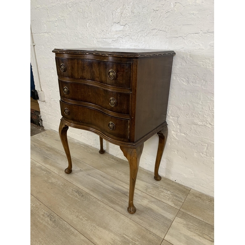 73 - A Queen Anne style mahogany serpentine chest of three drawers on cabriole supports - approx. 77cm hi... 