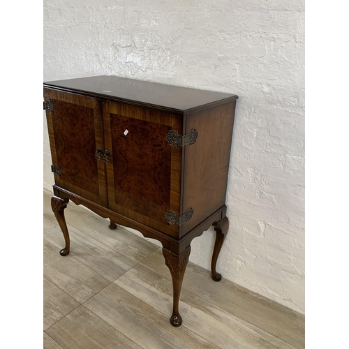 77 - A late 20th century Queen Anne style burr walnut cocktail cabinet on cabriole supports - approx. 97c... 