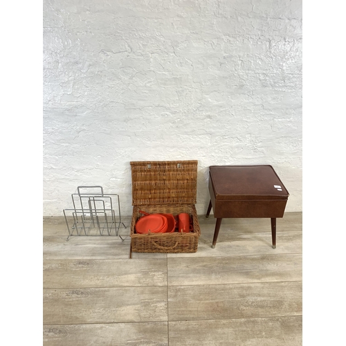 78 - Three items, one mid 20th century style brown vinyl storage stool, one wicker picnic basket and one ... 