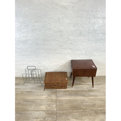 78 - Three items, one mid 20th century style brown vinyl storage stool, one wicker picnic basket and one ... 