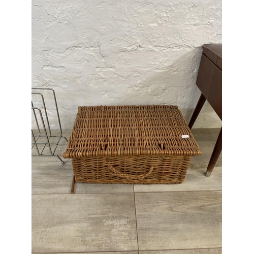 78 - Three items, one mid 20th century style brown vinyl storage stool, one wicker picnic basket and one ... 