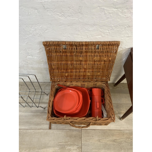 78 - Three items, one mid 20th century style brown vinyl storage stool, one wicker picnic basket and one ... 