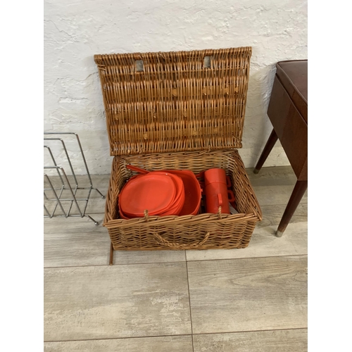 78 - Three items, one mid 20th century style brown vinyl storage stool, one wicker picnic basket and one ... 