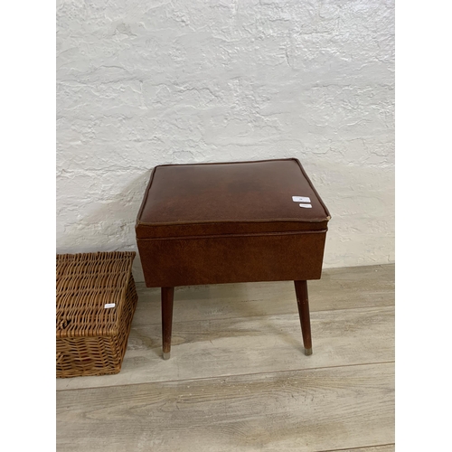 78 - Three items, one mid 20th century style brown vinyl storage stool, one wicker picnic basket and one ... 