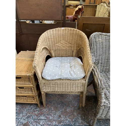 8 - Ten pieces of wicker furniture and baskets to include 1970s tub chair, picnic basket, twin handled b... 