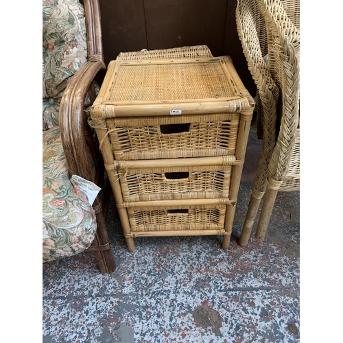 8 - Ten pieces of wicker furniture and baskets to include 1970s tub chair, picnic basket, twin handled b... 