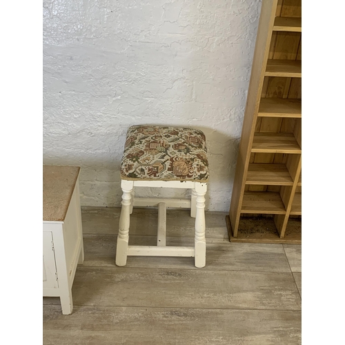 90 - Five pieces of furniture to include pine kitchen bar stool, light oak freestanding CD rack etc.