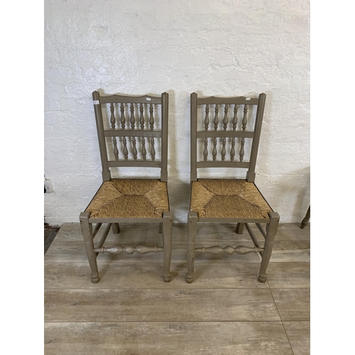 92 - Twelve items to include pair of grey painted Lancashire dining chairs with rush seat, two 19th centu... 