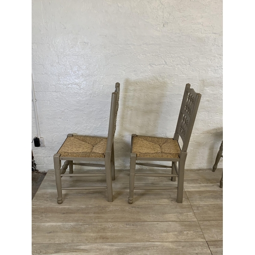 92 - Twelve items to include pair of grey painted Lancashire dining chairs with rush seat, two 19th centu... 