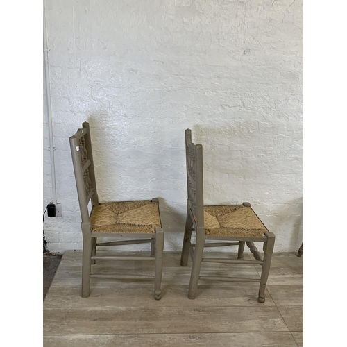 92 - Twelve items to include pair of grey painted Lancashire dining chairs with rush seat, two 19th centu... 