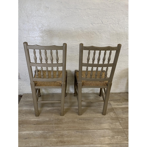 92 - Twelve items to include pair of grey painted Lancashire dining chairs with rush seat, two 19th centu... 