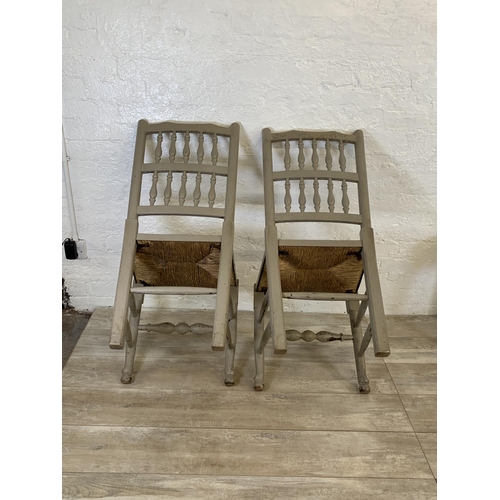 92 - Twelve items to include pair of grey painted Lancashire dining chairs with rush seat, two 19th centu... 