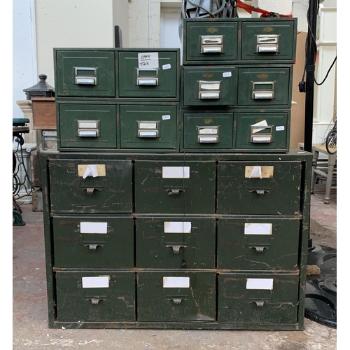 97 - Six mid 20th century green metal index filing cabinets, five two drawer and one one nine drawer - la... 