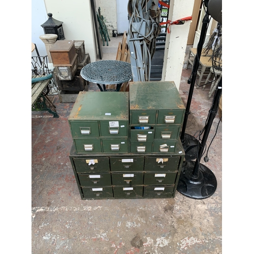 97 - Six mid 20th century green metal index filing cabinets, five two drawer and one one nine drawer - la... 