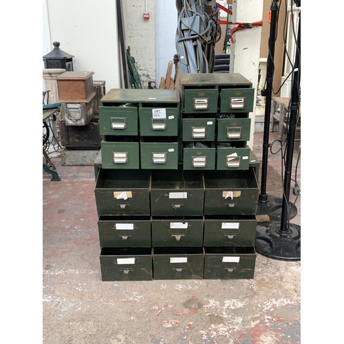 97 - Six mid 20th century green metal index filing cabinets, five two drawer and one one nine drawer - la... 