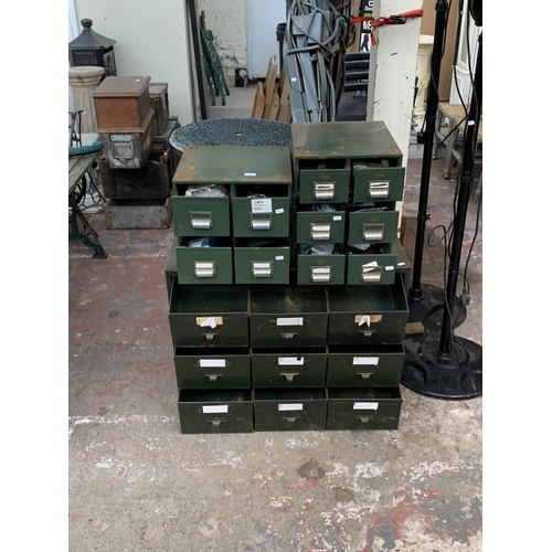 97 - Six mid 20th century green metal index filing cabinets, five two drawer and one one nine drawer - la... 