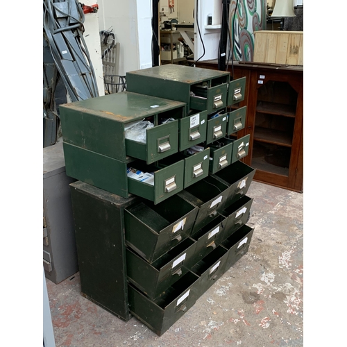 97 - Six mid 20th century green metal index filing cabinets, five two drawer and one one nine drawer - la... 